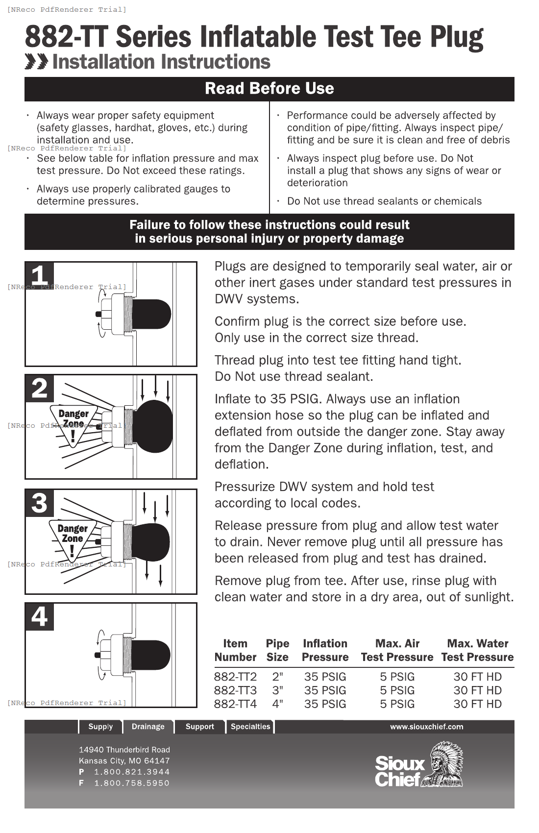 882-TT SERIES - INFLATABLE TEST TEE PLUG - INSTRUCTION SHEET.PDF Technical Document